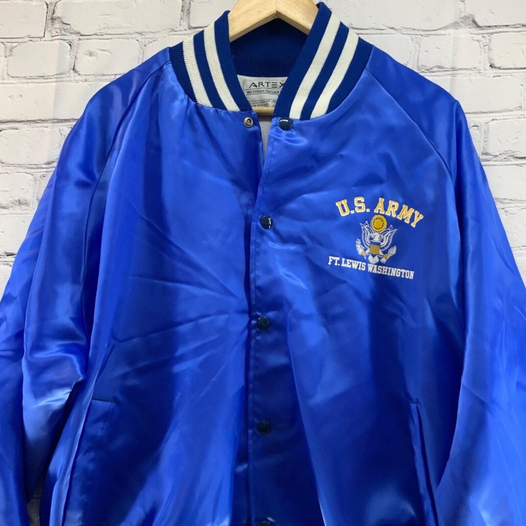 Us Army Ft Lewis Washington Bomber Jacket Blue White Artex Jostens Mens Xl Flaw